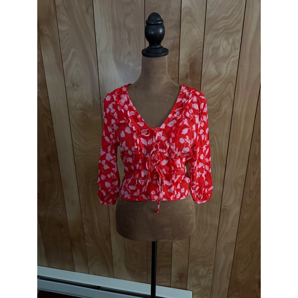 MNG Mango Red Pink Floral Lace Up Ruffle‎ V-Neck Blouse Top Womens Size 2